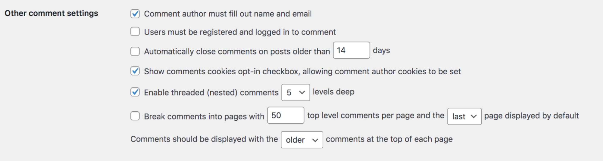 other comment settings, like nesting options