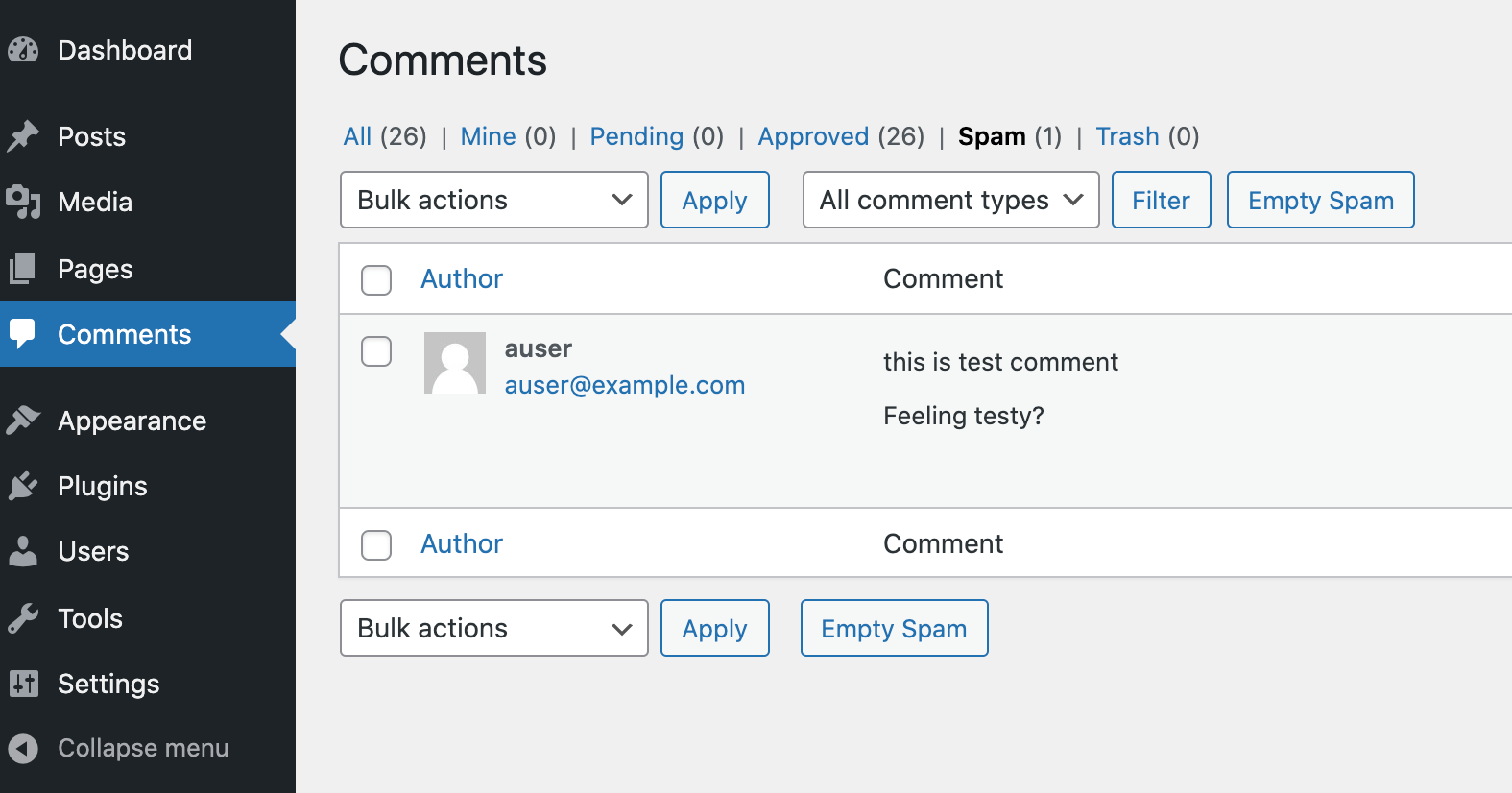 comment in the WordPress Spam folder